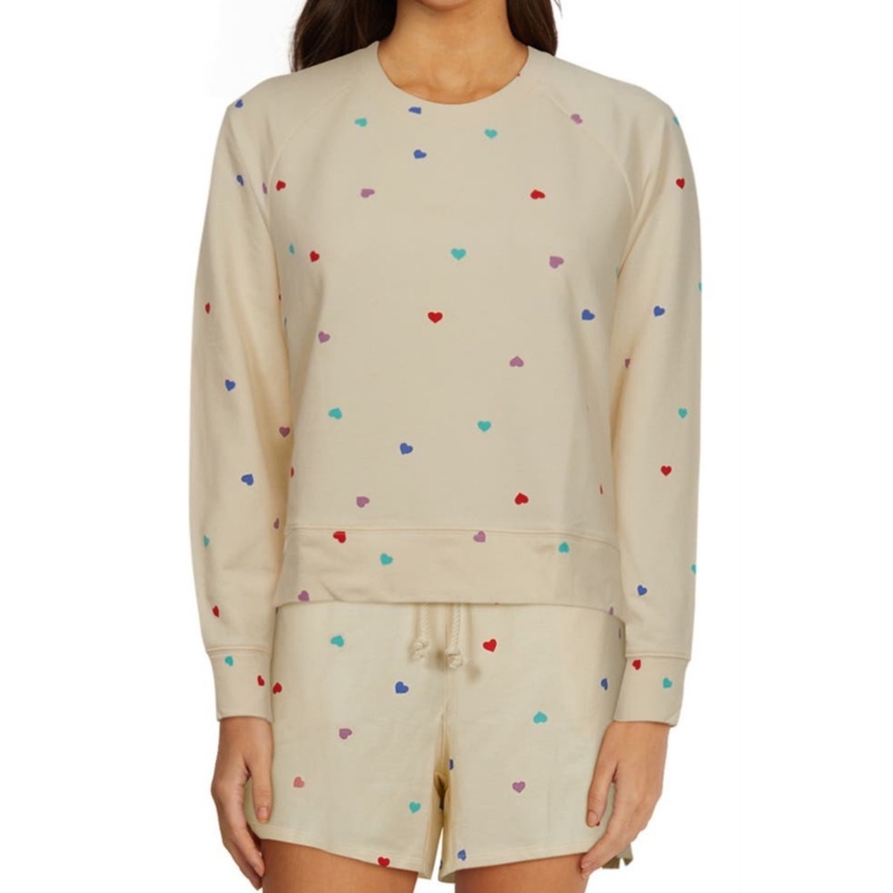 Wildfox Sleep Set Long Sleeve Top & Shorts Pajamas New NWT Oatmeal Hearts Soft